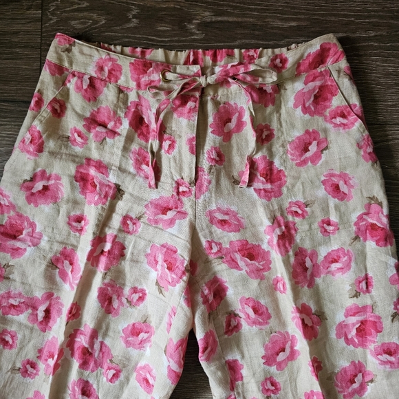 Charter Club Luxury 100% Linen Pink Floral Biege Pants - Picture 2 of 5